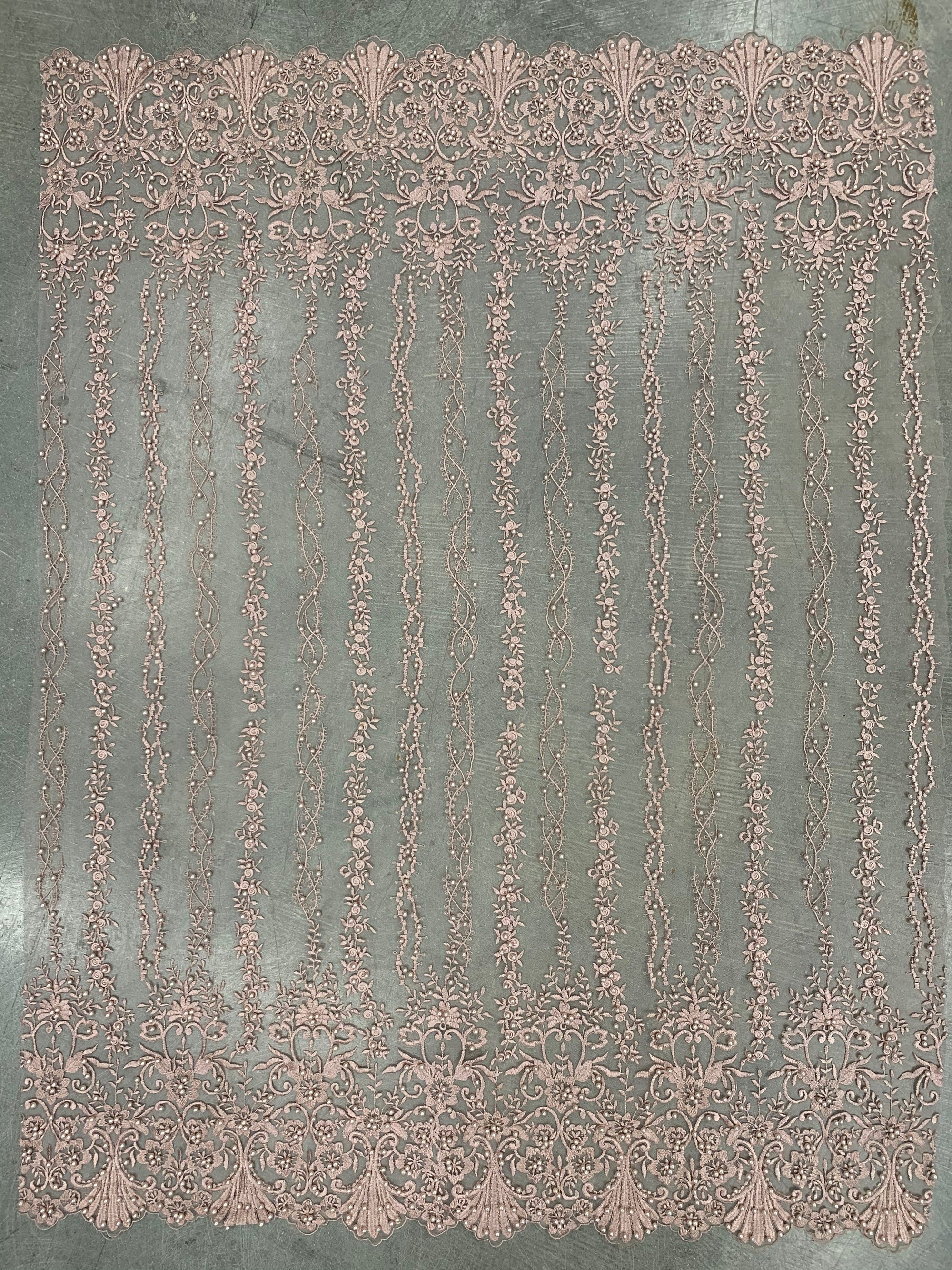 Daphne DUSTY ROSE Faux Pearls Beaded Flowers and Vines Lace Embroidery on Mesh Fabric by the Yard - 10103