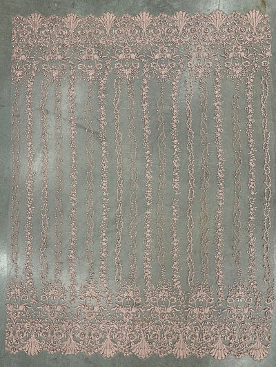 Daphne DUSTY ROSE Faux Pearls Beaded Flowers and Vines Lace Embroidery on Mesh Fabric by the Yard - 10103