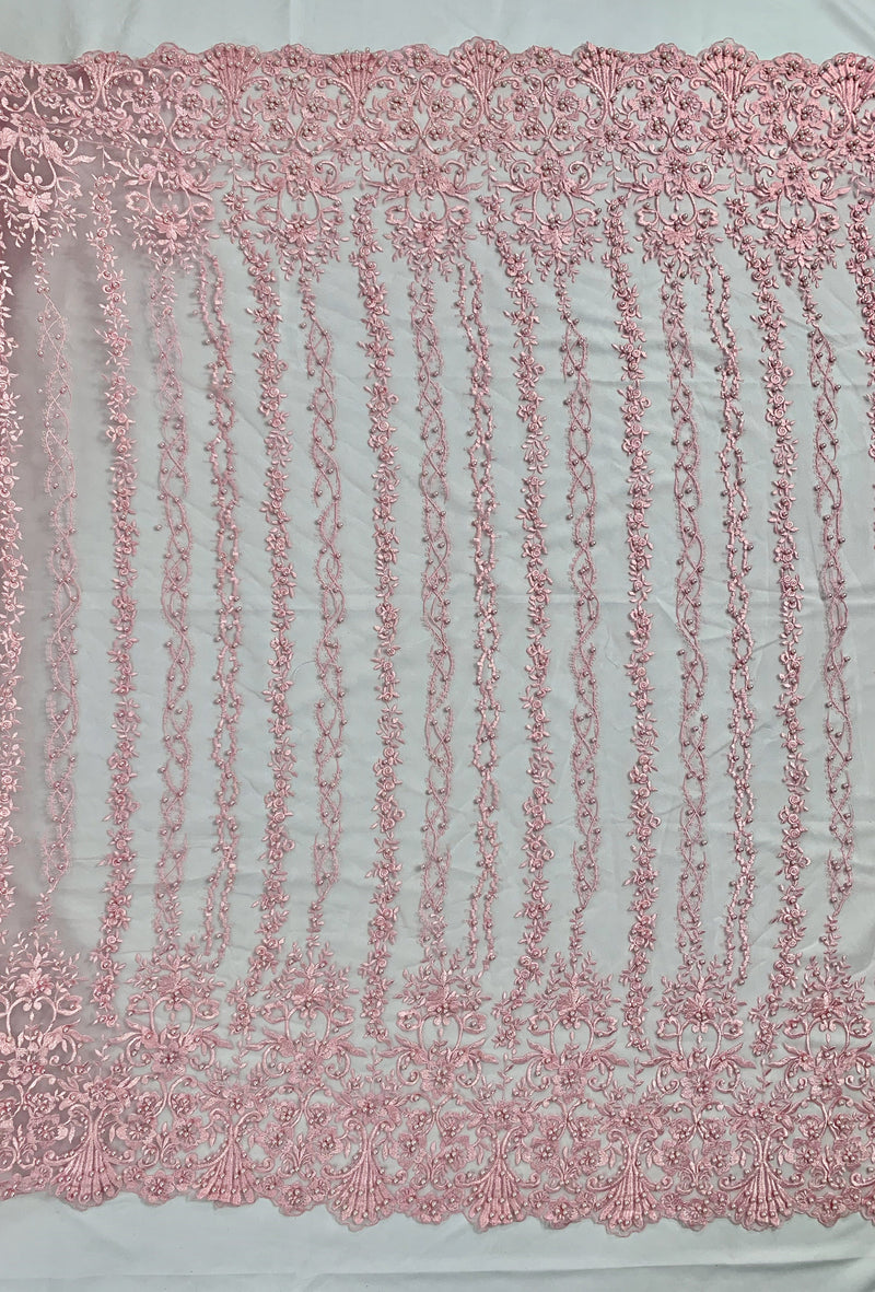 Daphne PINK Faux Pearls Beaded Flowers and Vines Lace Embroidery on Mesh Fabric by the Yard - 10103