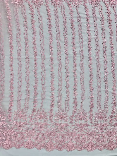 Daphne PINK Faux Pearls Beaded Flowers and Vines Lace Embroidery on Mesh Fabric by the Yard - 10103