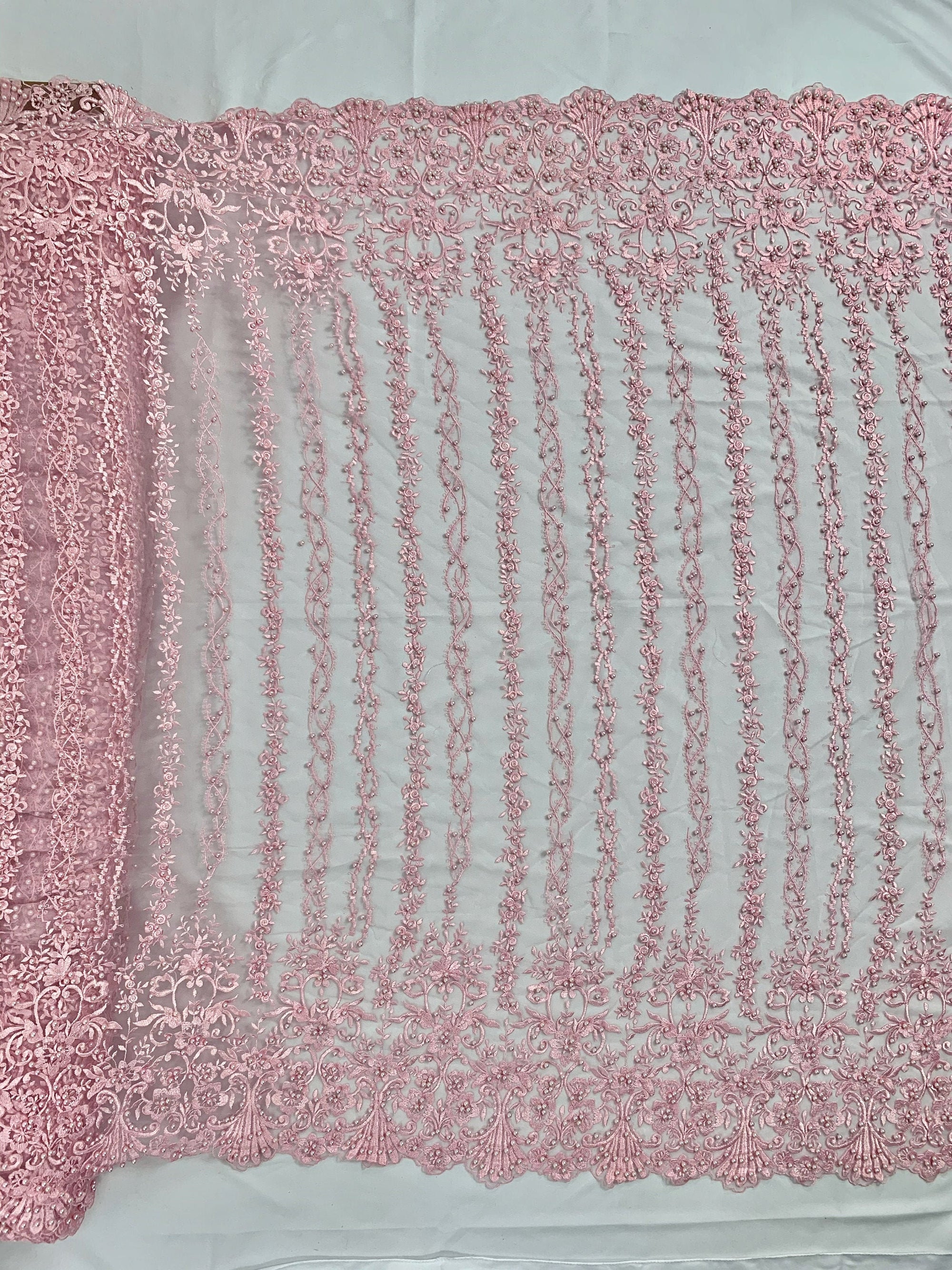 Daphne PINK Faux Pearls Beaded Flowers and Vines Lace Embroidery on Mesh Fabric by the Yard - 10103