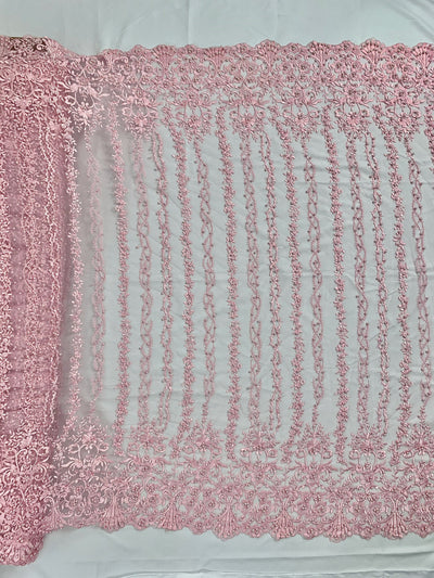 Daphne PINK Faux Pearls Beaded Flowers and Vines Lace Embroidery on Mesh Fabric by the Yard - 10103