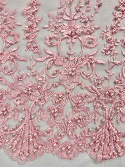 Daphne PINK Faux Pearls Beaded Flowers and Vines Lace Embroidery on Mesh Fabric by the Yard - 10103