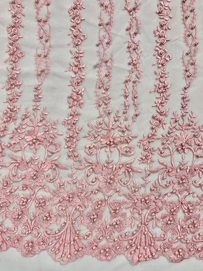 Daphne PINK Faux Pearls Beaded Flowers and Vines Lace Embroidery on Mesh Fabric by the Yard - 10103