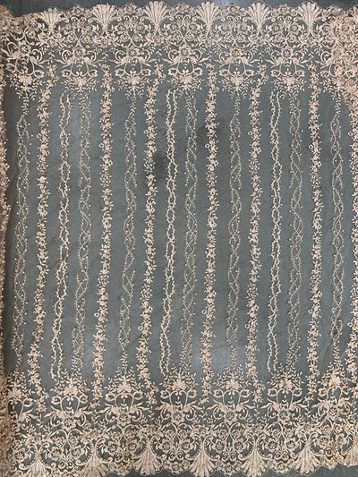 Daphne PEACH Faux Pearls Beaded Flowers and Vines Lace Embroidery on Mesh Fabric by the Yard - 10103