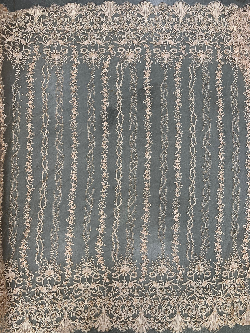 Daphne PEACH Faux Pearls Beaded Flowers and Vines Lace Embroidery on Mesh Fabric by the Yard - 10103