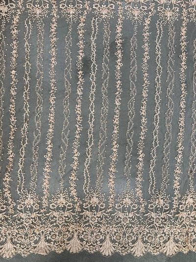 Daphne PEACH Faux Pearls Beaded Flowers and Vines Lace Embroidery on Mesh Fabric by the Yard - 10103