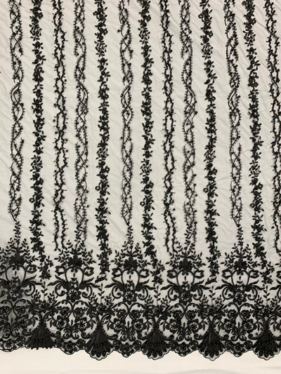 Daphne BLACK Faux Pearls Beaded Flowers and Vines Lace Embroidery on Mesh Fabric by the Yard - 10103