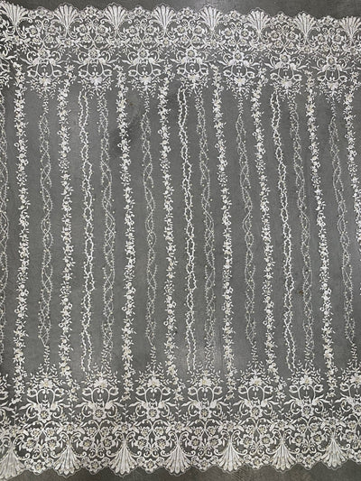 Daphne IVORY Faux Pearls Beaded Flowers and Vines Lace Embroidery on Mesh Fabric by the Yard - 10103