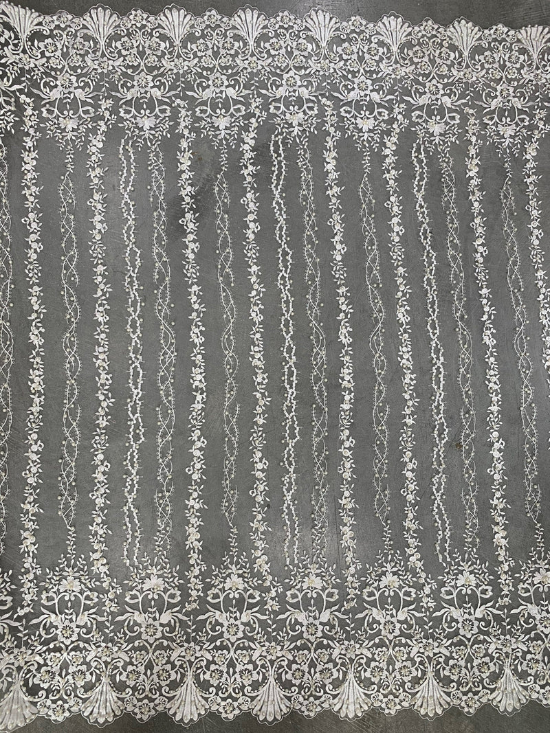 Daphne IVORY Faux Pearls Beaded Flowers and Vines Lace Embroidery on Mesh Fabric by the Yard - 10103