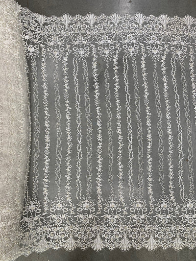 Daphne IVORY Faux Pearls Beaded Flowers and Vines Lace Embroidery on Mesh Fabric by the Yard - 10103