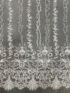 Daphne IVORY Faux Pearls Beaded Flowers and Vines Lace Embroidery on Mesh Fabric by the Yard - 10103