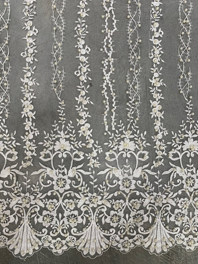 Daphne IVORY Faux Pearls Beaded Flowers and Vines Lace Embroidery on Mesh Fabric by the Yard - 10103
