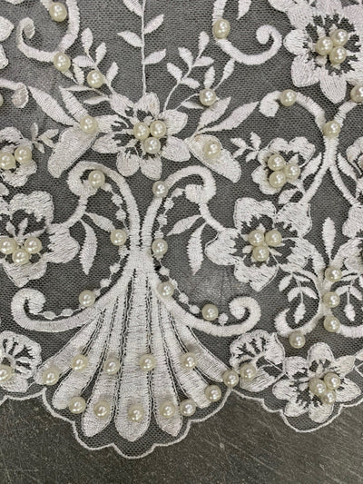 Daphne IVORY Faux Pearls Beaded Flowers and Vines Lace Embroidery on Mesh Fabric by the Yard - 10103