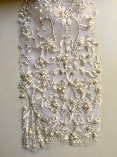 Daphne IVORY Faux Pearls Beaded Flowers and Vines Lace Embroidery on Mesh Fabric by the Yard - 10103