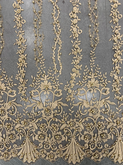 Daphne CHAMPAGNE Faux Pearls Beaded Flowers and Vines Lace Embroidery on Mesh Fabric by the Yard - 10103