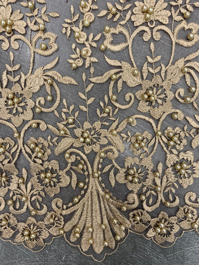 Daphne CHAMPAGNE Faux Pearls Beaded Flowers and Vines Lace Embroidery on Mesh Fabric by the Yard - 10103