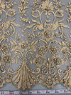 Daphne CHAMPAGNE Faux Pearls Beaded Flowers and Vines Lace Embroidery on Mesh Fabric by the Yard - 10103