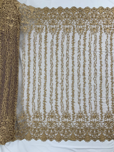 Daphne DARK CHAMPAGNE Faux Pearls Beaded Flowers and Vines Lace Embroidery on Mesh Fabric by the Yard - 10103