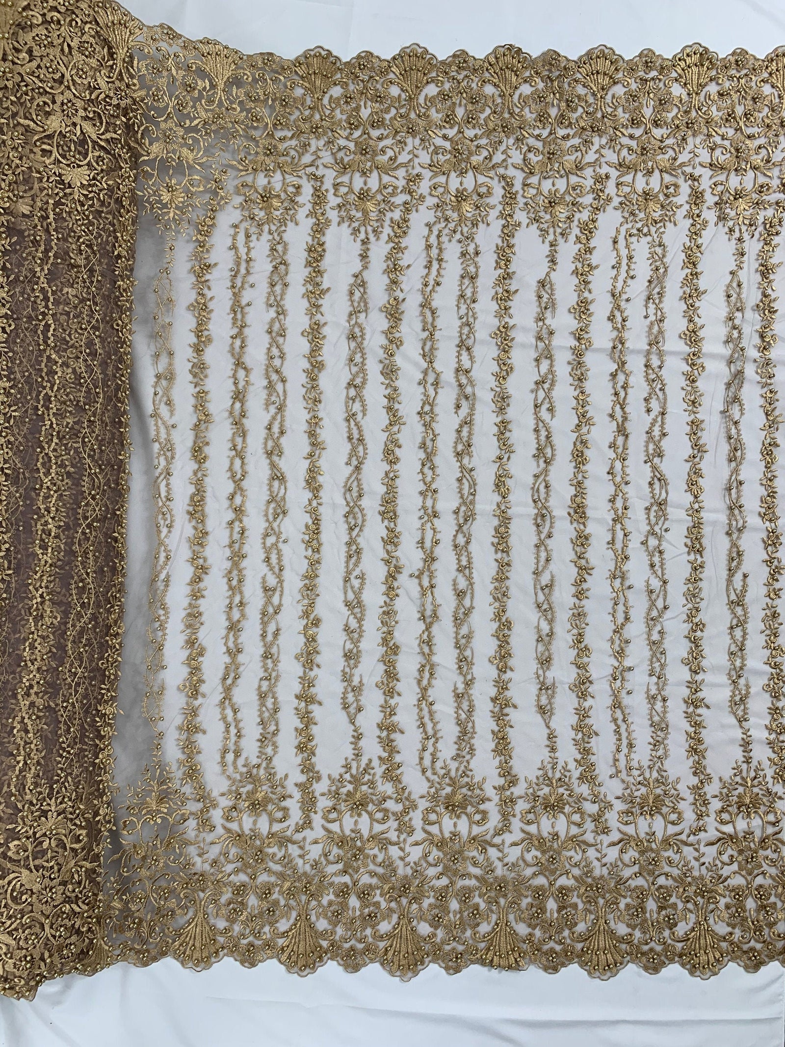 Daphne DARK CHAMPAGNE Faux Pearls Beaded Flowers and Vines Lace Embroidery on Mesh Fabric by the Yard - 10103