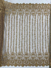 Daphne DARK CHAMPAGNE Faux Pearls Beaded Flowers and Vines Lace Embroidery on Mesh Fabric by the Yard - 10103