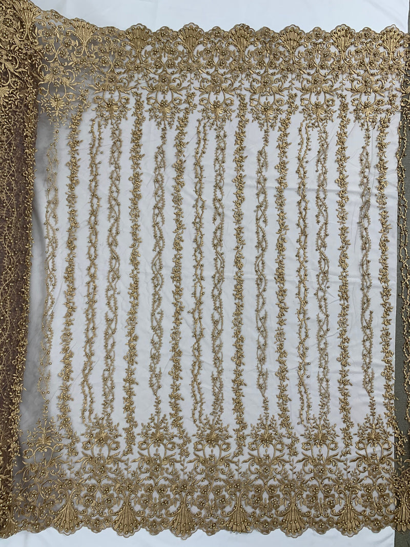 Daphne DARK CHAMPAGNE Faux Pearls Beaded Flowers and Vines Lace Embroidery on Mesh Fabric by the Yard - 10103