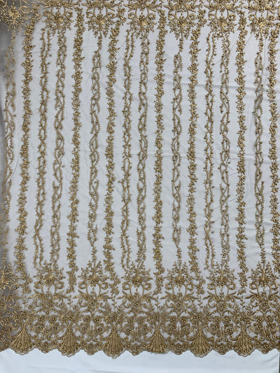 Daphne DARK CHAMPAGNE Faux Pearls Beaded Flowers and Vines Lace Embroidery on Mesh Fabric by the Yard - 10103