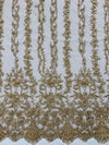 Daphne DARK CHAMPAGNE Faux Pearls Beaded Flowers and Vines Lace Embroidery on Mesh Fabric by the Yard - 10103