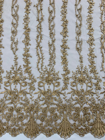 Daphne DARK CHAMPAGNE Faux Pearls Beaded Flowers and Vines Lace Embroidery on Mesh Fabric by the Yard - 10103