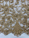 Daphne DARK CHAMPAGNE Faux Pearls Beaded Flowers and Vines Lace Embroidery on Mesh Fabric by the Yard - 10103