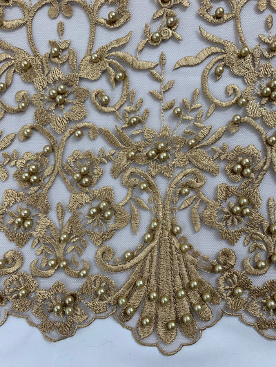 Daphne DARK CHAMPAGNE Faux Pearls Beaded Flowers and Vines Lace Embroidery on Mesh Fabric by the Yard - 10103