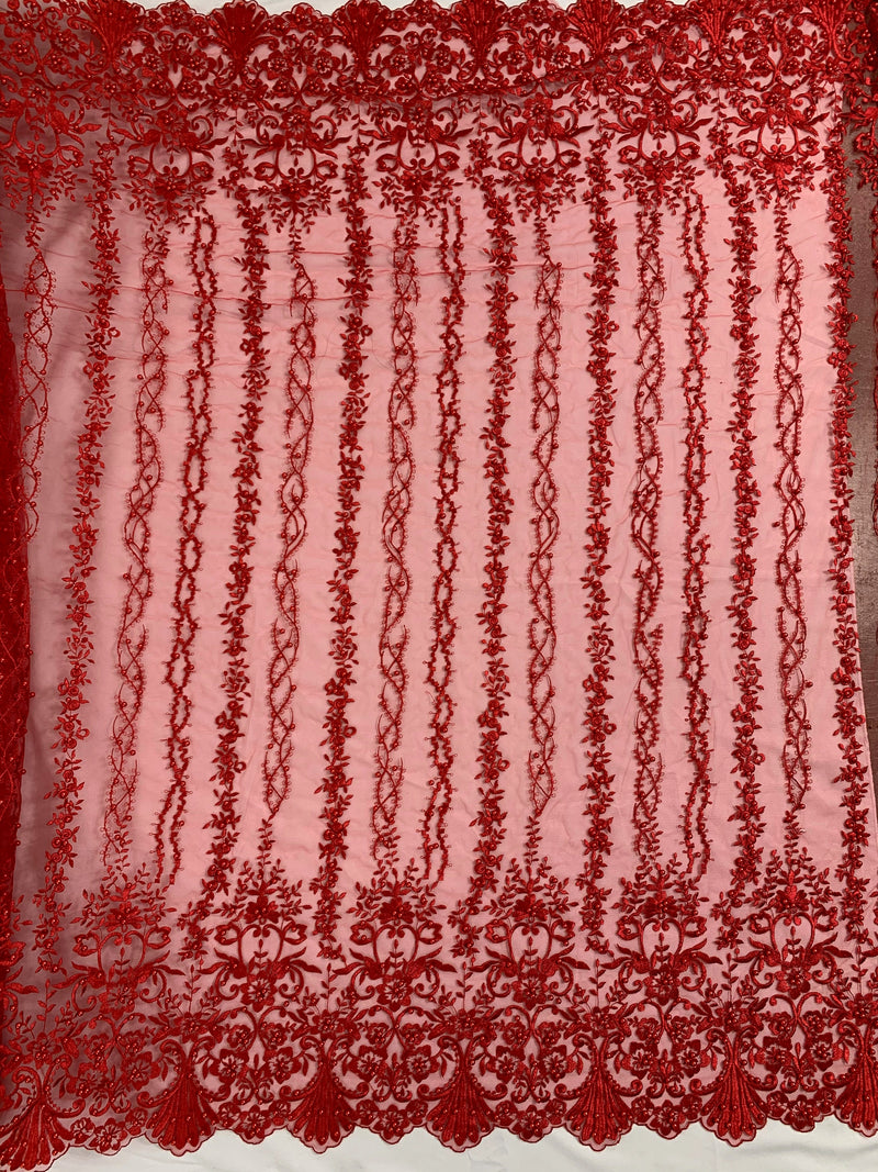 Daphne RED Faux Pearls Beaded Flowers and Vines Lace Embroidery on Mesh Fabric by the Yard - 10103