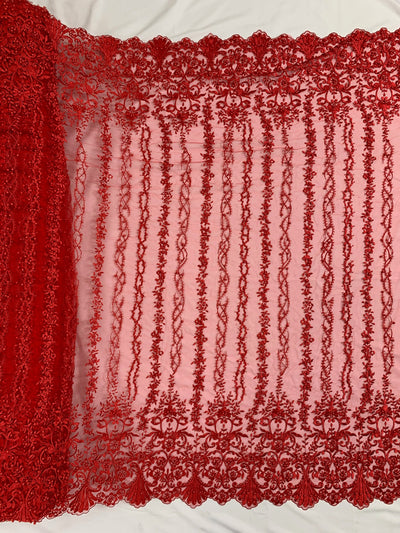 Daphne RED Faux Pearls Beaded Flowers and Vines Lace Embroidery on Mesh Fabric by the Yard - 10103