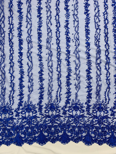 Daphne ROYAL BLUE Faux Pearls Beaded Flowers and Vines Lace Embroidery on Mesh Fabric by the Yard - 10103