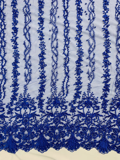 Daphne ROYAL BLUE Faux Pearls Beaded Flowers and Vines Lace Embroidery on Mesh Fabric by the Yard - 10103