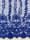 Daphne ROYAL BLUE Faux Pearls Beaded Flowers and Vines Lace Embroidery on Mesh Fabric by the Yard - 10103