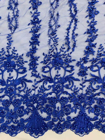 Daphne ROYAL BLUE Faux Pearls Beaded Flowers and Vines Lace Embroidery on Mesh Fabric by the Yard - 10103
