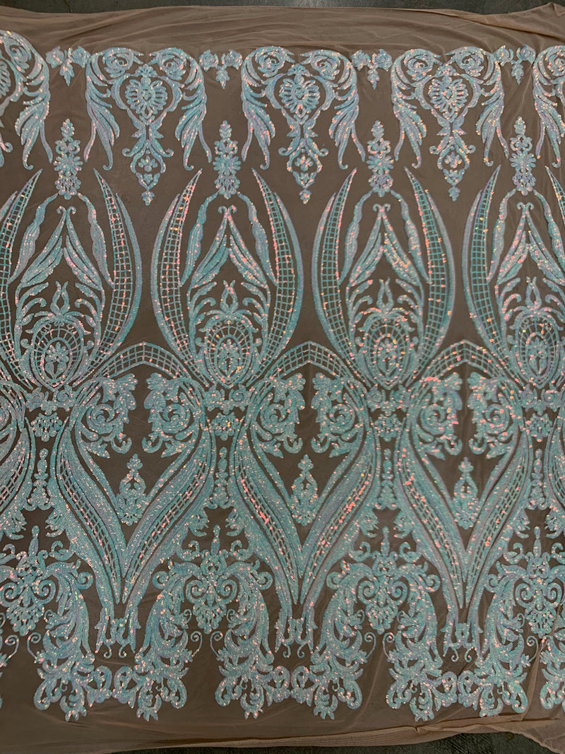 Alaina IRIDESCENT WHITE Curlicue Sequins on NUDE Mesh Lace Fabric by the Yard - 10018