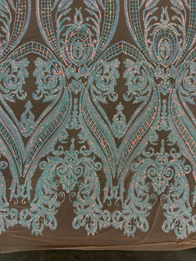 Alaina IRIDESCENT WHITE Curlicue Sequins on NUDE Mesh Lace Fabric by the Yard - 10018