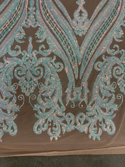Alaina IRIDESCENT WHITE Curlicue Sequins on NUDE Mesh Lace Fabric by the Yard - 10018