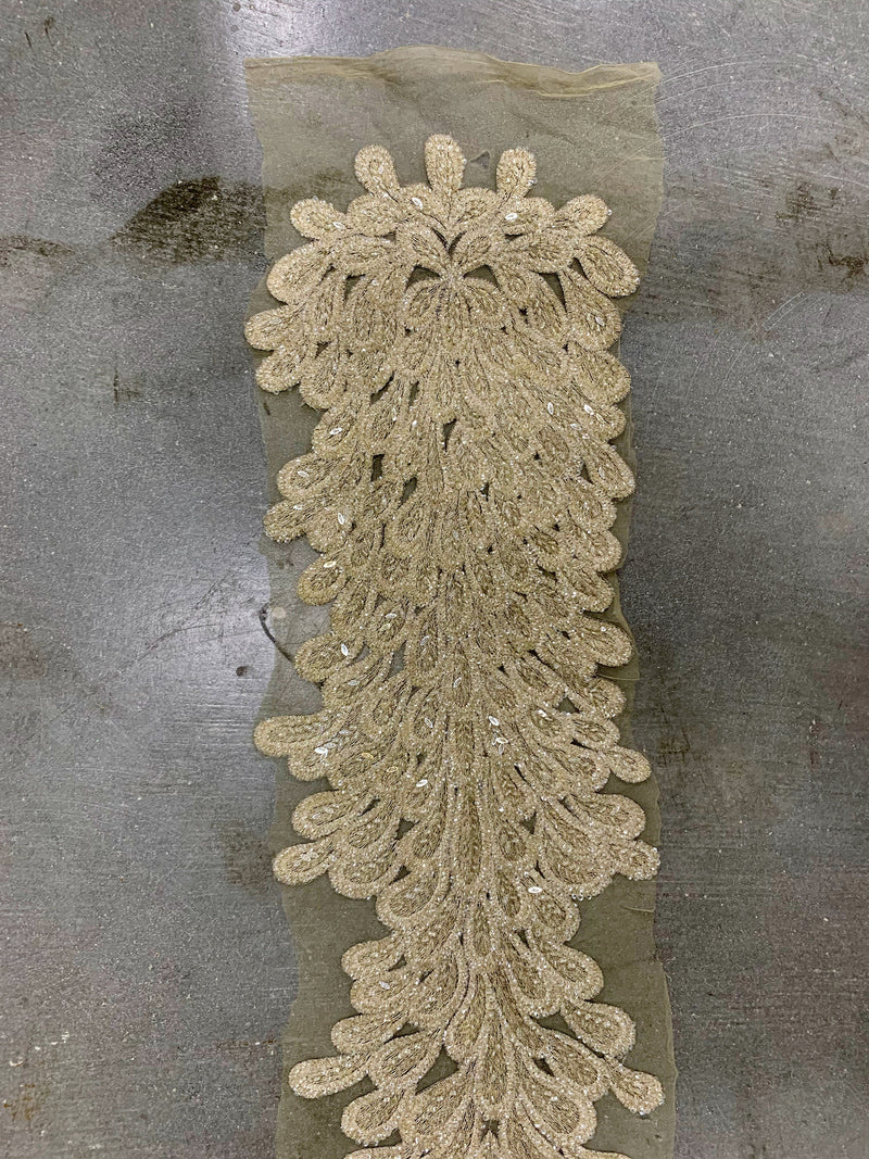 Zelda LIGHT CHAMPAGNE Vegas Peacock Beaded Sequins Embroidered on Mesh Lace Fabric by Panel - 10200