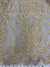 Sabrina DARK CHAMPAGNE Faux Pearls Beaded Lace Embroidery on Mesh Fabric by the Yard - 10098