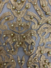 Sabrina DARK CHAMPAGNE Faux Pearls Beaded Lace Embroidery on Mesh Fabric by the Yard - 10098