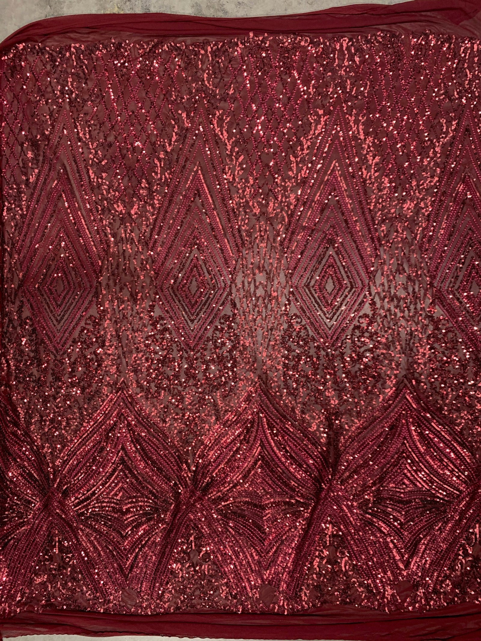 Averie BURGUNDY Geometric Butterfly Sequins on Mesh Lace Fabric by the Yard - 10113