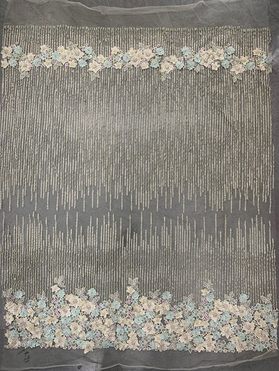 Carolina MINT GREEN IVORY Polyester 3D Beaded Floral Embroidery on Mesh Lace Fabric by the Yard - 10127