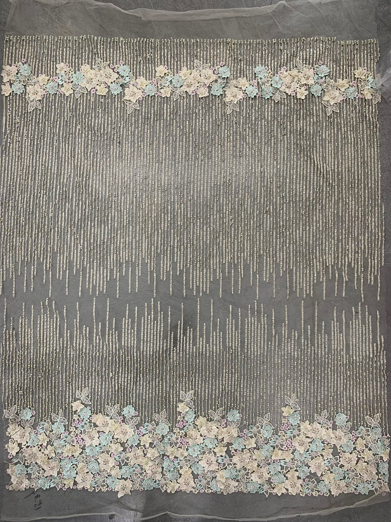 Carolina MINT GREEN IVORY Polyester 3D Beaded Floral Embroidery on Mesh Lace Fabric by the Yard - 10127