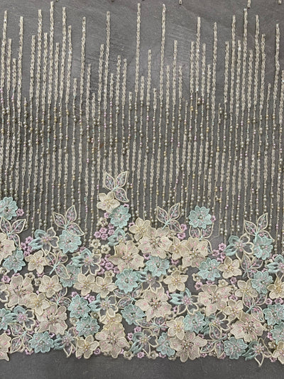 Carolina MINT GREEN IVORY Polyester 3D Beaded Floral Embroidery on Mesh Lace Fabric by the Yard - 10127