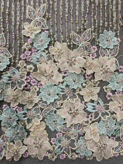 Carolina MINT GREEN IVORY Polyester 3D Beaded Floral Embroidery on Mesh Lace Fabric by the Yard - 10127
