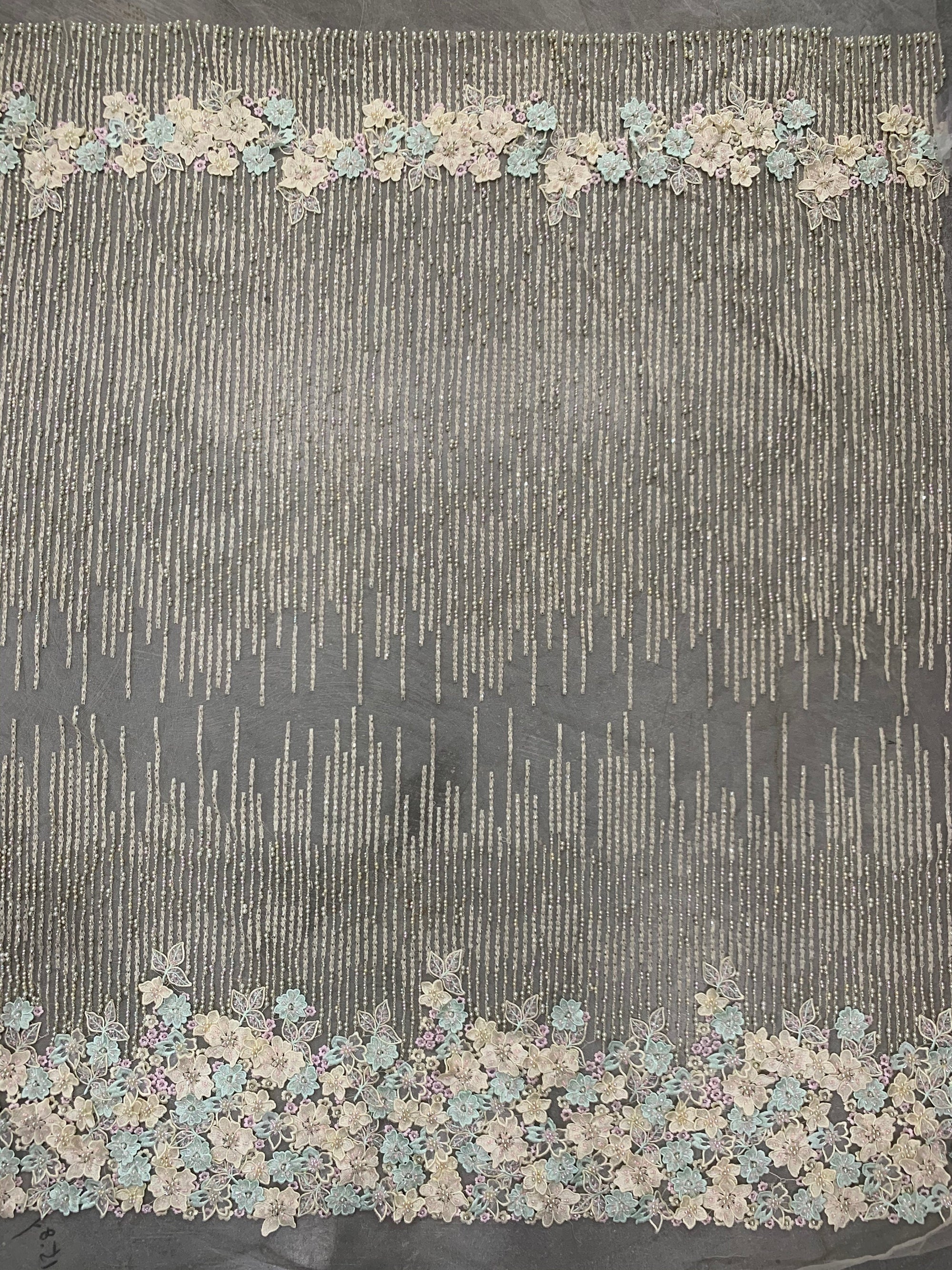 Carolina MINT GREEN IVORY Polyester 3D Beaded Floral Embroidery on Mesh Lace Fabric by the Yard - 10127