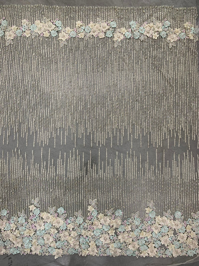 Carolina MINT GREEN IVORY Polyester 3D Beaded Floral Embroidery on Mesh Lace Fabric by the Yard - 10127